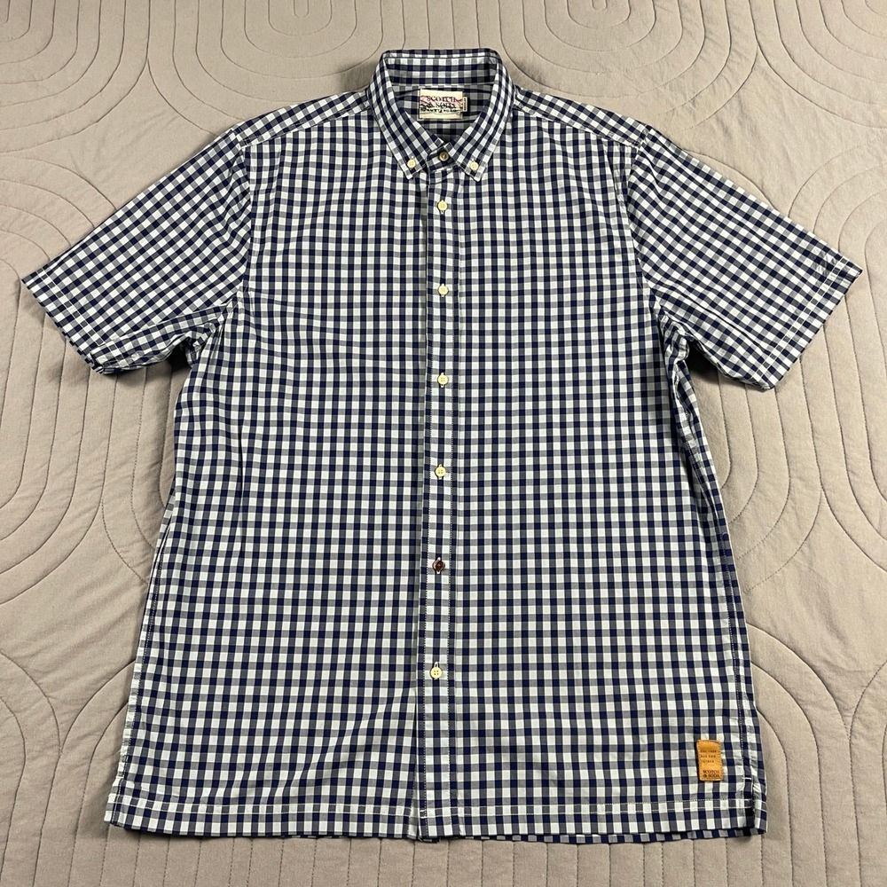 Scotch & Soda Mens Large Short Sleeve Shirt Blue Gingham Organic Cotton